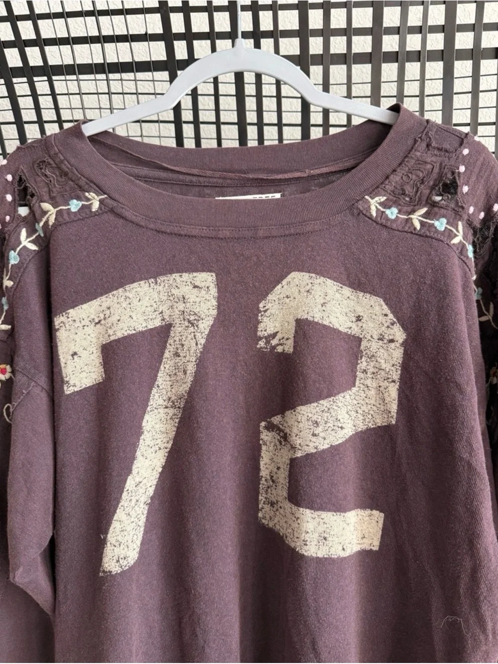 NWT Free People “we the free” Embroidered Brown Lilith Distressed '72' tee